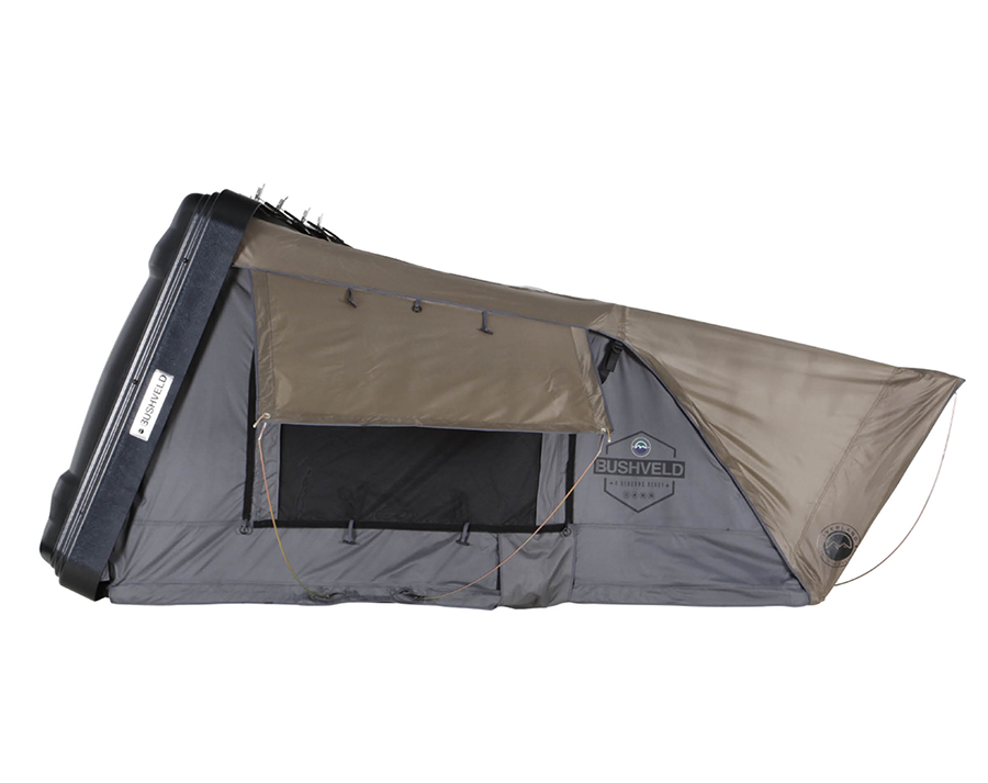 Bushveld II Roof Top Tent from side, tan and gray