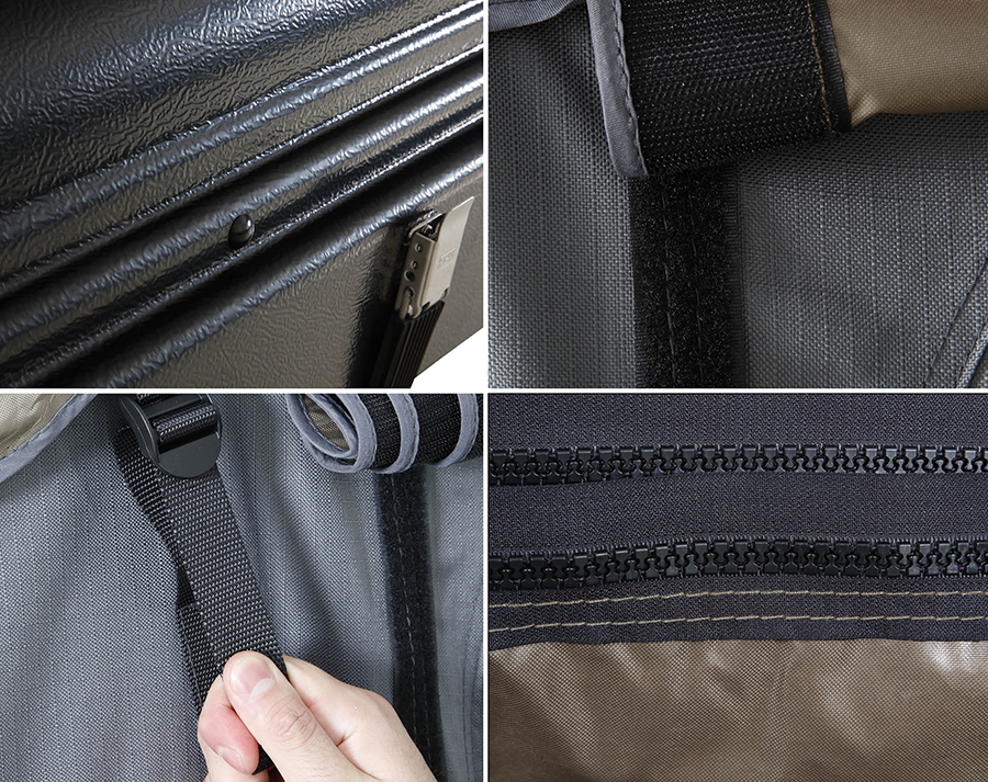 Bushveld II Roof Top Tent zippers, seams, and velco up close