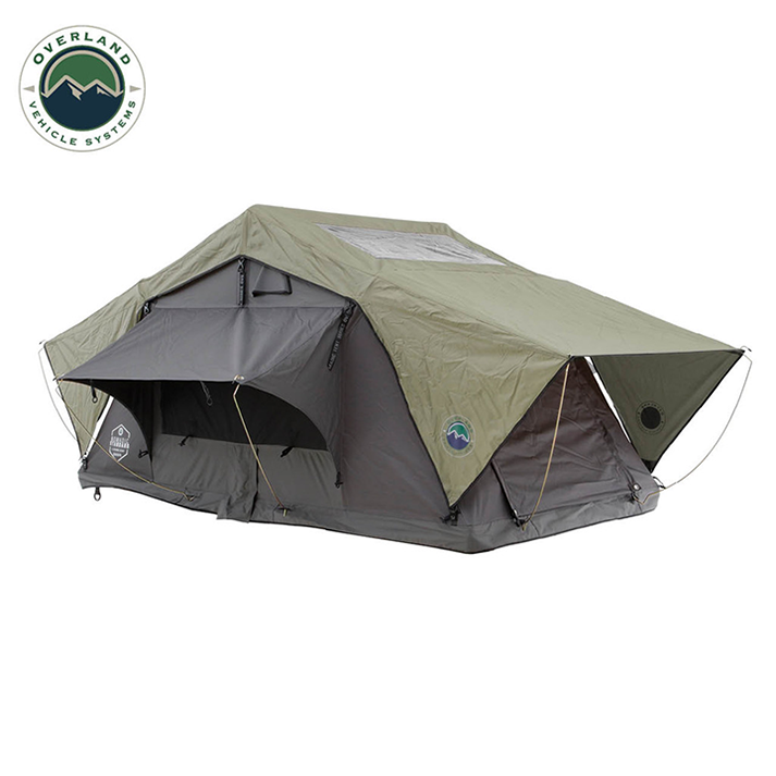 Overland Vehicle Systems Nomadic 3 Standard Roof Top Tent Gray Body Green Rainfly