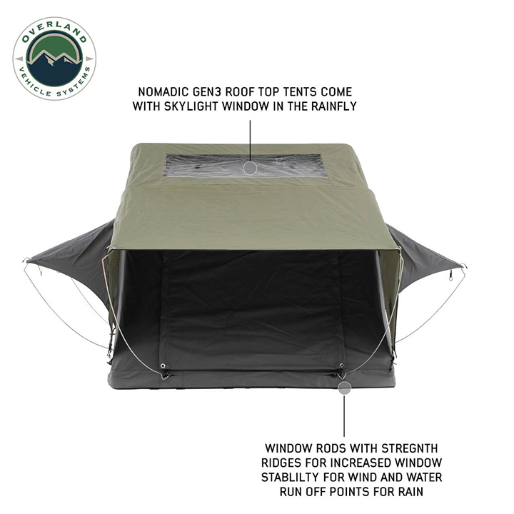 Overland Vehicle Systems Nomadic 3 Standard Roof Top Tent Gray Body Green Rainfly