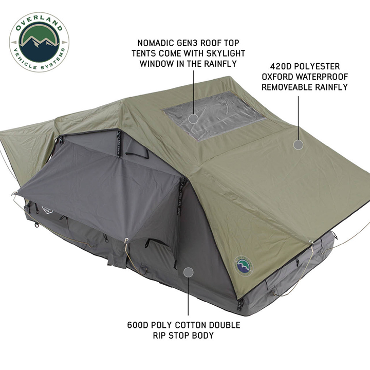 Overland Vehicle Systems Nomadic 3 Standard Roof Top Tent Gray Body Green Rainfly