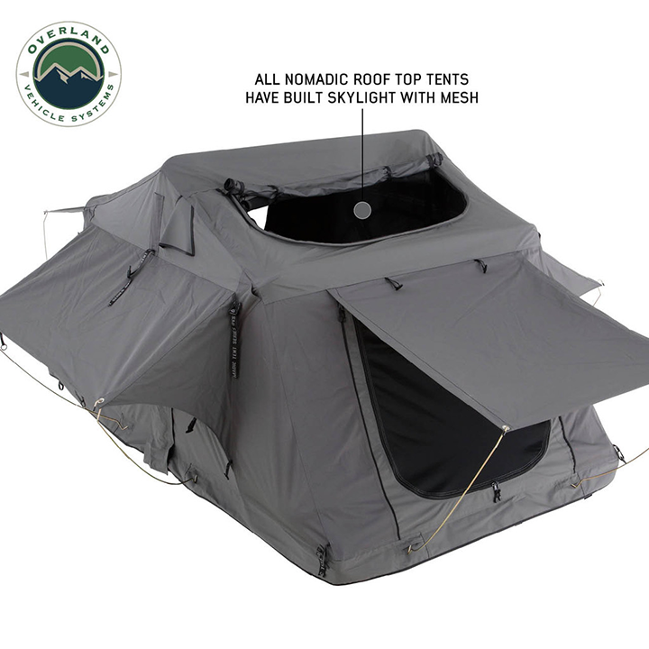 Overland Vehicle Systems Nomadic 3 Standard Roof Top Tent Gray Body Green Rainfly