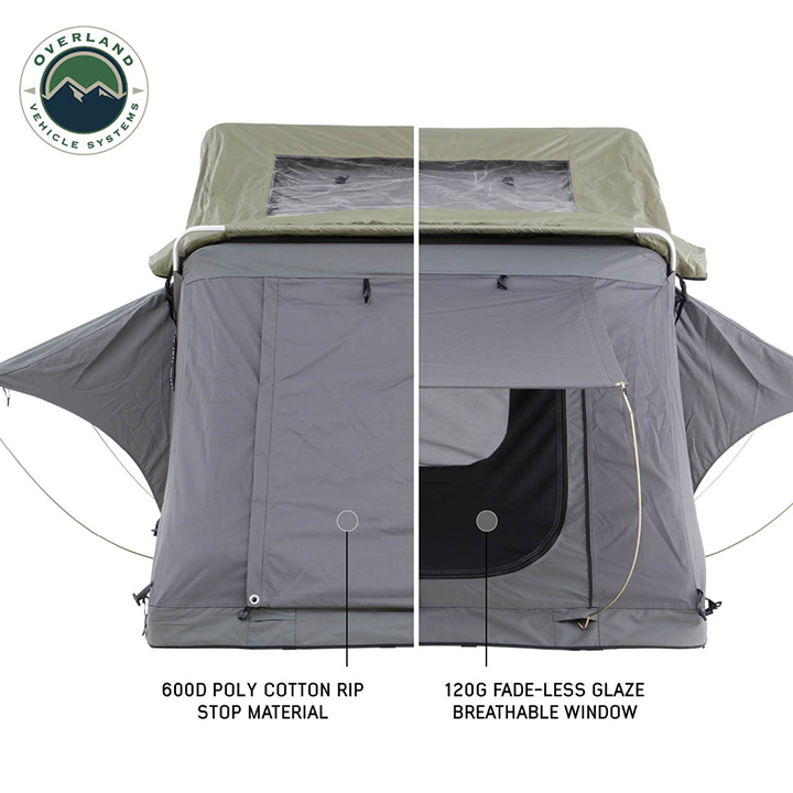 Overland Vehicle Systems Nomadic 3 Standard Roof Top Tent Gray Body Green Rainfly