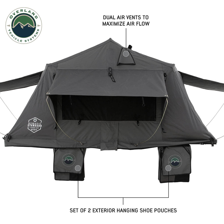 Overland Vehicle Systems Nomadic 3 Standard Roof Top Tent Gray Body Green Rainfly