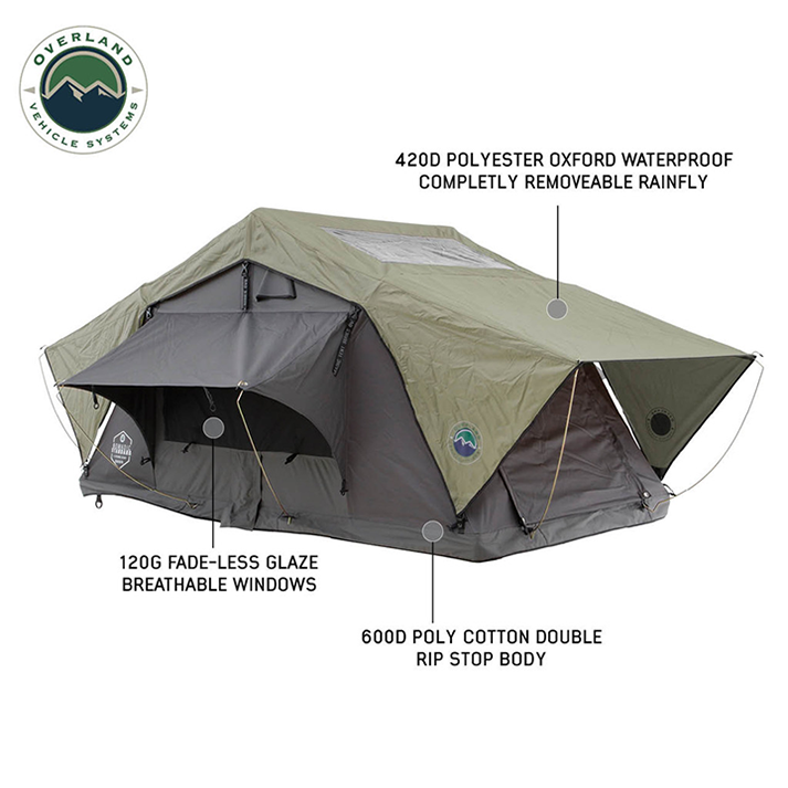 Overland Vehicle Systems Nomadic 3 Standard Roof Top Tent Gray Body Green Rainfly