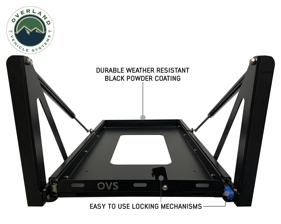 Overland Vehicle Systems Refrigerator Tray from front, no fridge. 