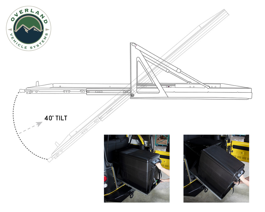 Overland Vehicle Systems Refrigerator Tray tilt example.