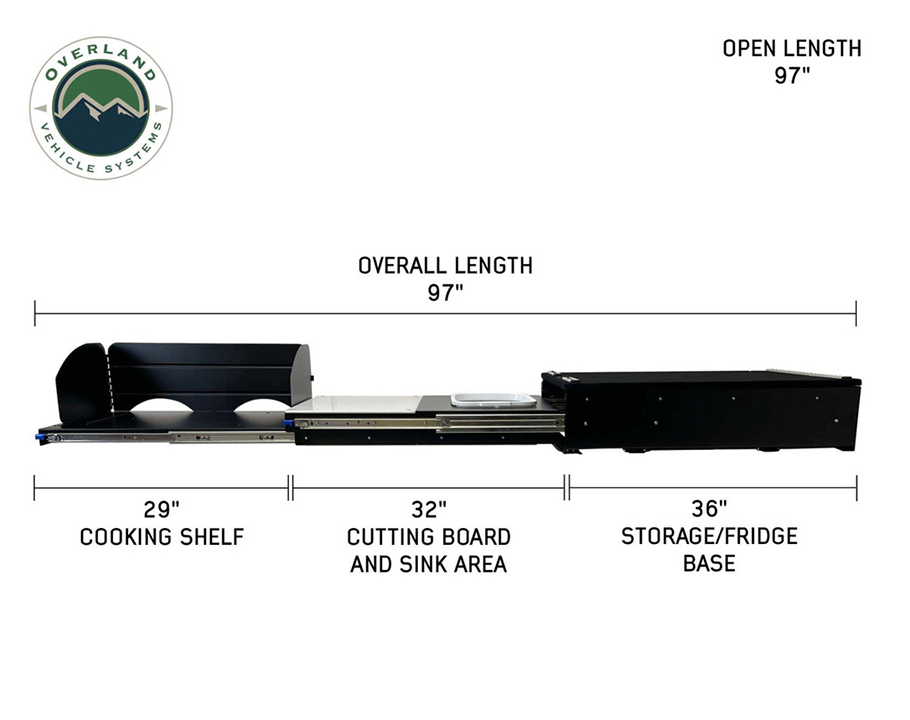 Overland Vehicle Systems CP Duty Glamping Cargo Box With Slide Out Sink, Cooking Shelve and Slide Out Work Station