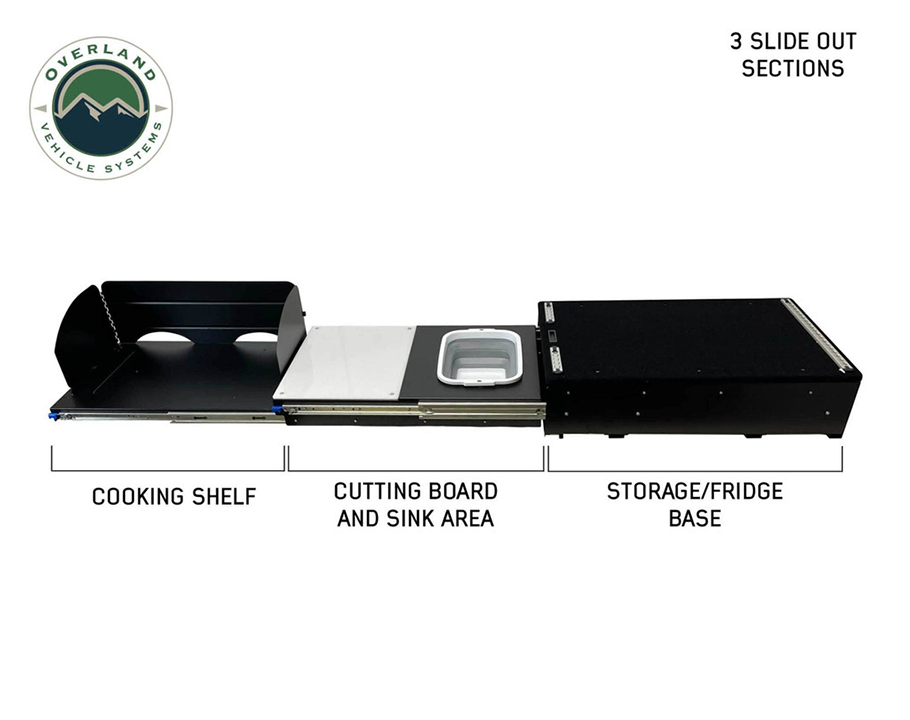 Overland Vehicle Systems CP Duty Glamping Cargo Box With Slide Out Sink, Cooking Shelve and Slide Out Work Station